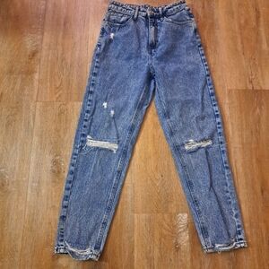 SHEIN Blue Denim High Waist Distress Knee Hem Mom Jeans Women's Size XS